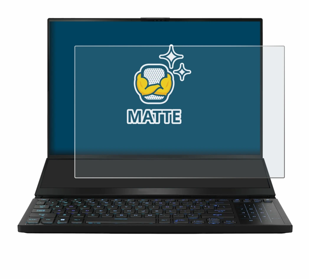 Abbildung des Geräts ASUS ROG Zephyrus Duo 16 2023 mit einer Vielzahl des Displayschutzes.