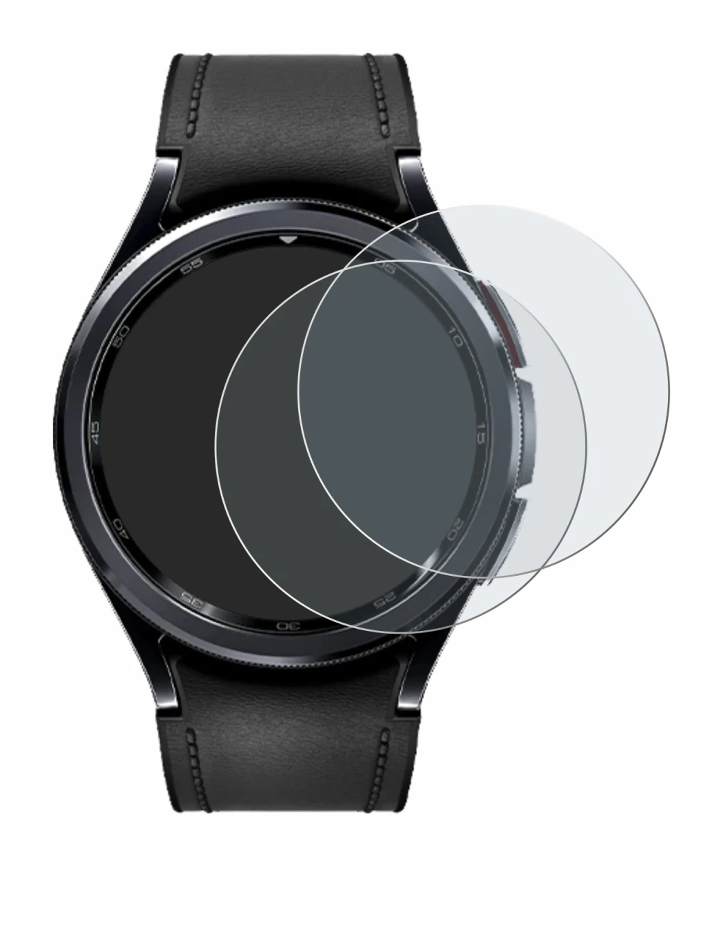 Abbildung des Geräts Samsung Galaxy Watch 6 Classic (47 mm) mit einer Vielzahl des Displayschutzes.