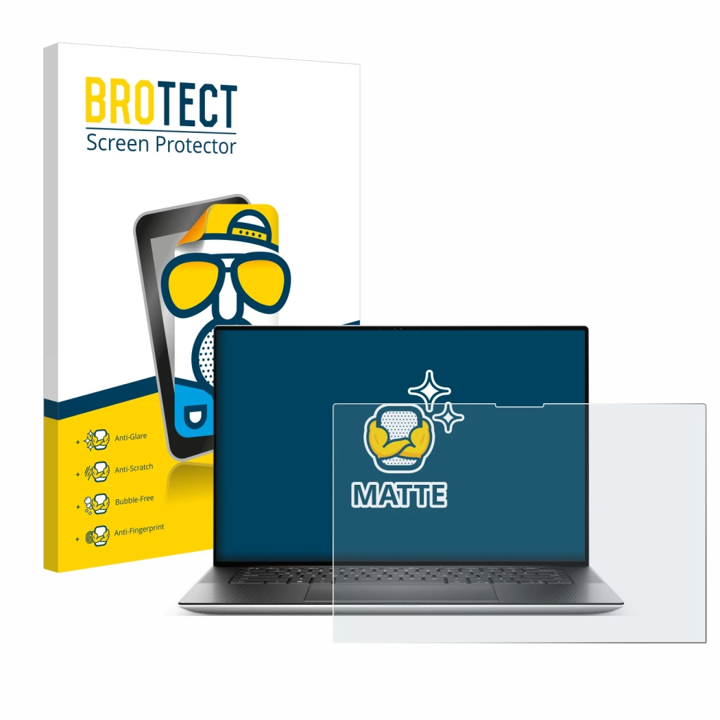 Vorderseite einer Produktverpackung mit dem Markenlogo BROTECT. Daneben ist das Gerät Dell XPS 15 9530 Touch mit dem zugehörig