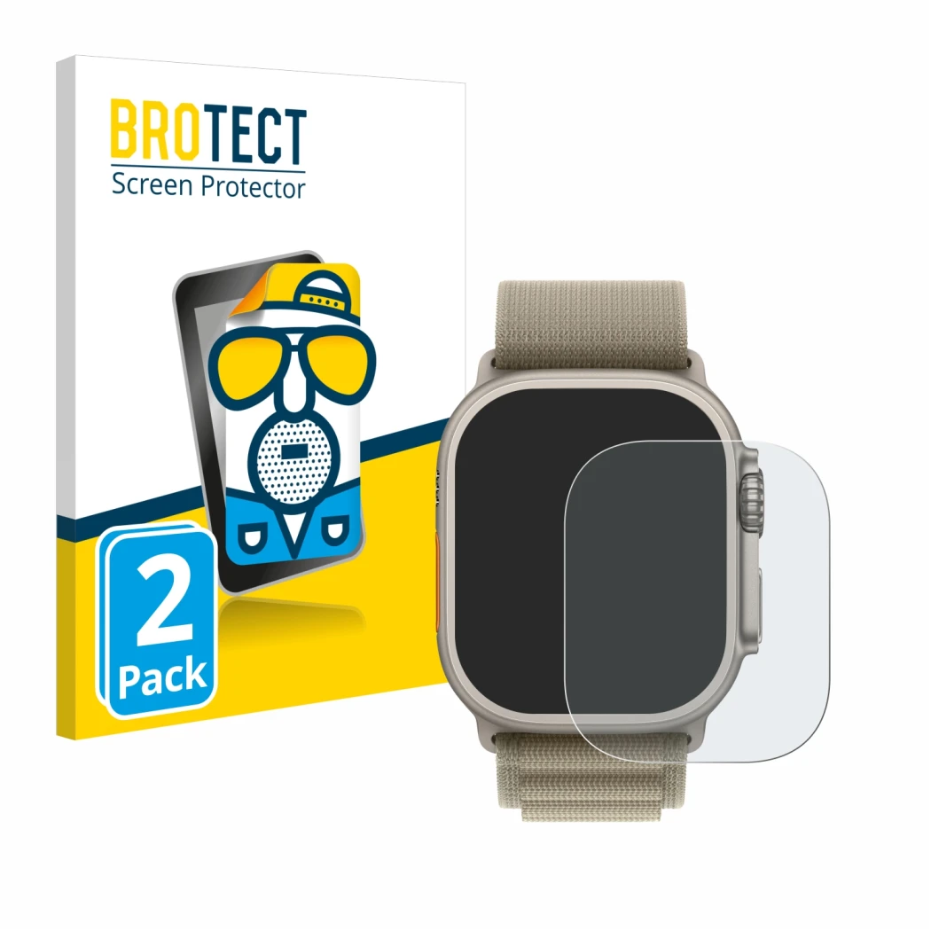 Vorderseite einer Produktverpackung mit dem Markenlogo BROTECT. Daneben ist das Gerät Apple Watch Ultra 2 (49 mm) mit dem zuge