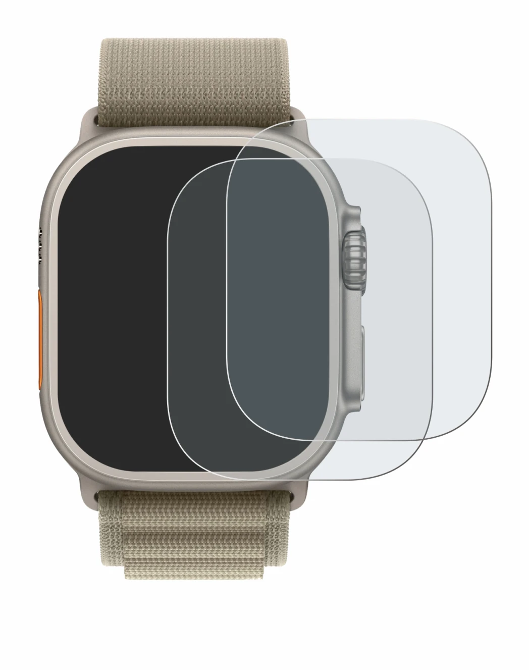 Abbildung des Geräts Apple Watch Ultra 2 (49 mm) mit einer Vielzahl des Displayschutzes.