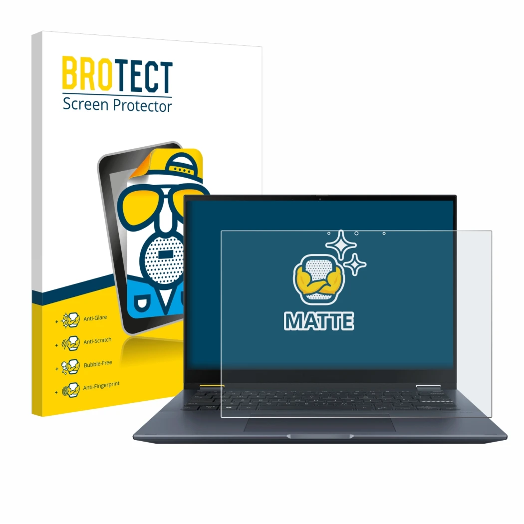 Vorderseite einer Produktverpackung mit dem Markenlogo BROTECT. Daneben ist das Gerät ASUS Vivobook S 14 Flip TP3402 mit dem z