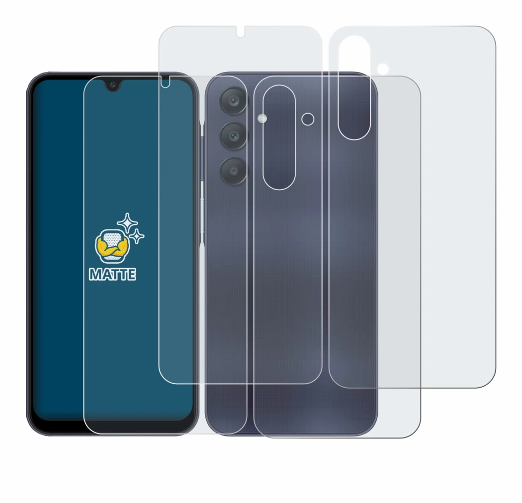 Abbildung des Geräts Samsung Galaxy A25 5G (Display+Rückseite) mit einer Vielzahl des Displayschutzes.