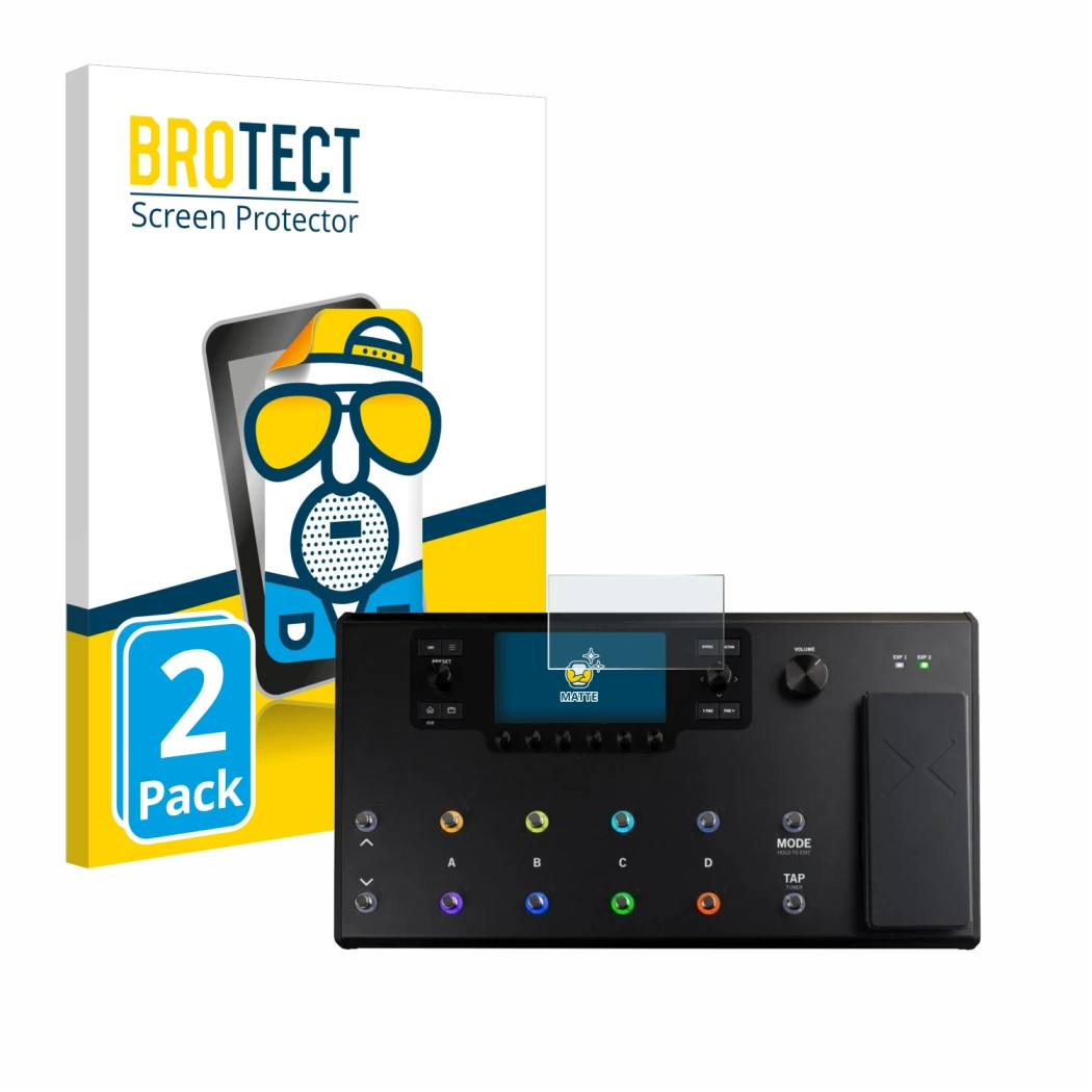 Vorderseite einer Produktverpackung mit dem Markenlogo BROTECT. Daneben ist das Gerät Line 6 Helix LT mit dem zugehörigen Disp