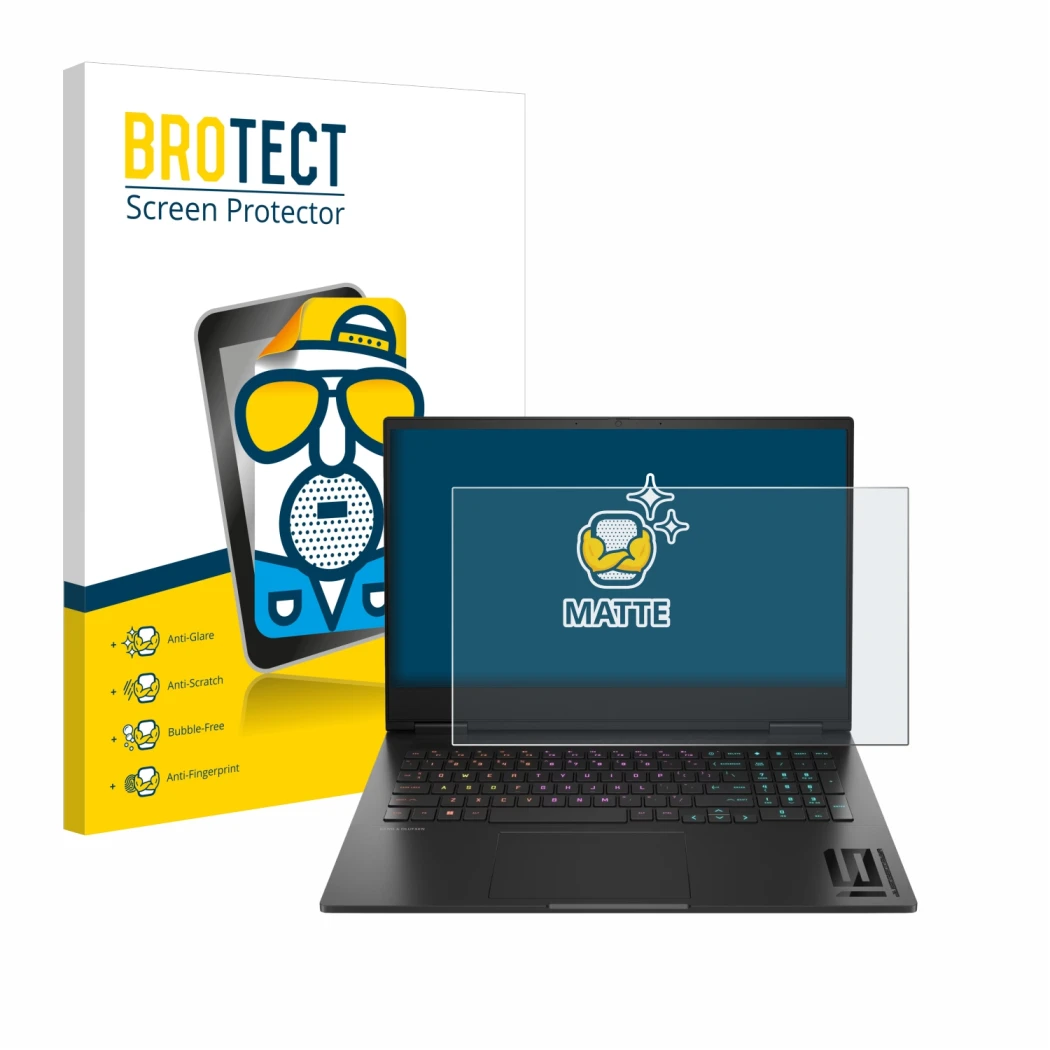 Vorderseite einer Produktverpackung mit dem Markenlogo BROTECT. Daneben ist das Gerät HP Omen 16 2024 mit dem zugehörigen Disp