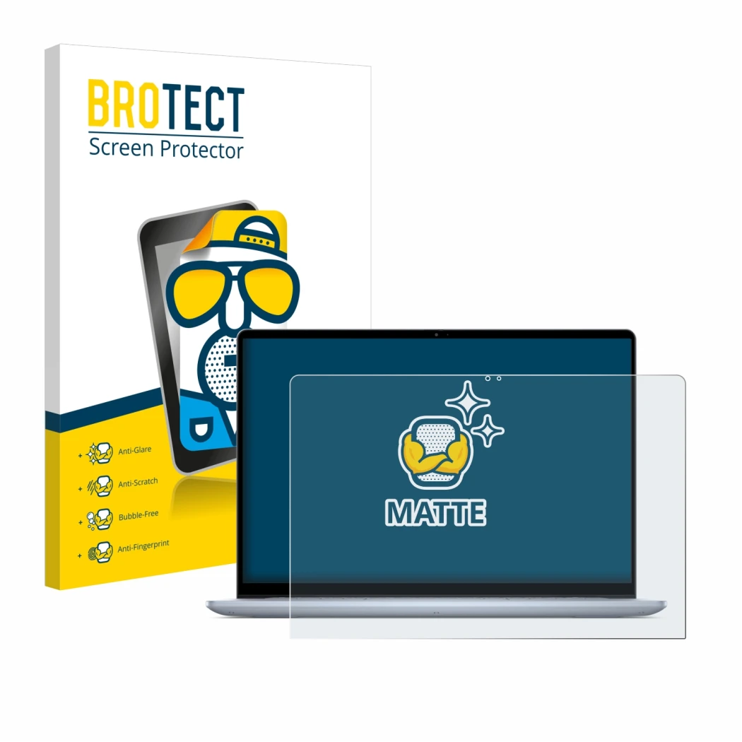 Vorderseite einer Produktverpackung mit dem Markenlogo BROTECT. Daneben ist das Gerät Dell Inspiron 16 7640 2-in-1 mit dem zug