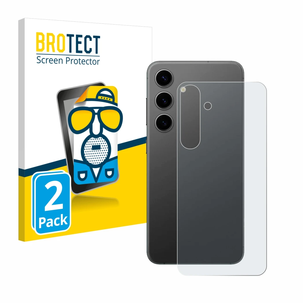 Vorderseite einer Produktverpackung mit dem Markenlogo BROTECT. Daneben ist das Gerät Samsung Galaxy S24 Plus (Rückseite) mit 