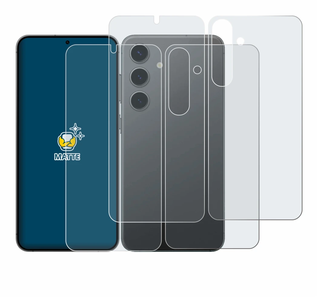 Abbildung des Geräts Samsung Galaxy S24 Plus (Display+Rückseite) mit einer Vielzahl des Displayschutzes.