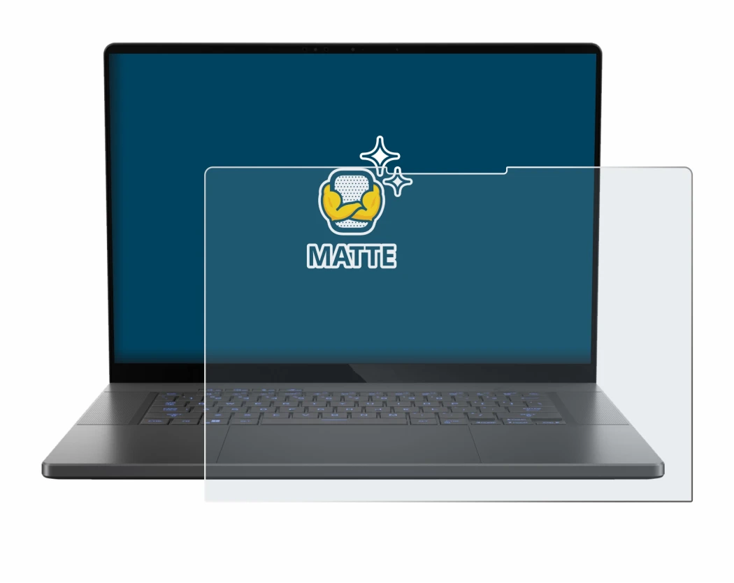 Abbildung des Geräts ASUS ROG Zephyrus G16 2024 mit einer Vielzahl des Displayschutzes.