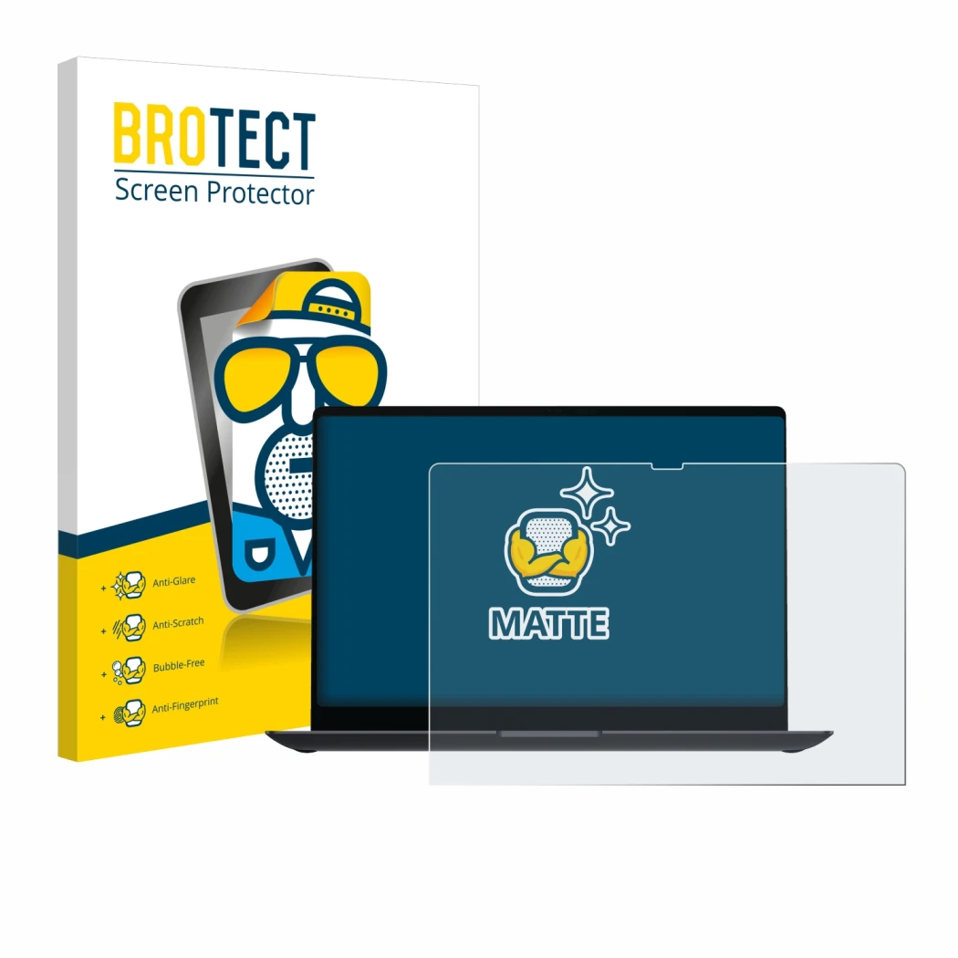 Vorderseite einer Produktverpackung mit dem Markenlogo BROTECT. Daneben ist das Gerät Samsung Galaxy Book4 Ultra 16