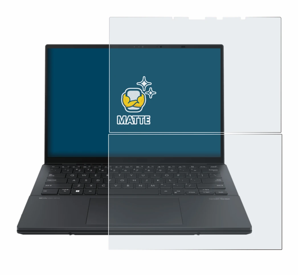Abbildung des Geräts ASUS ZenBook Duo OLED 2024 UX8406 mit einer Vielzahl des Displayschutzes.