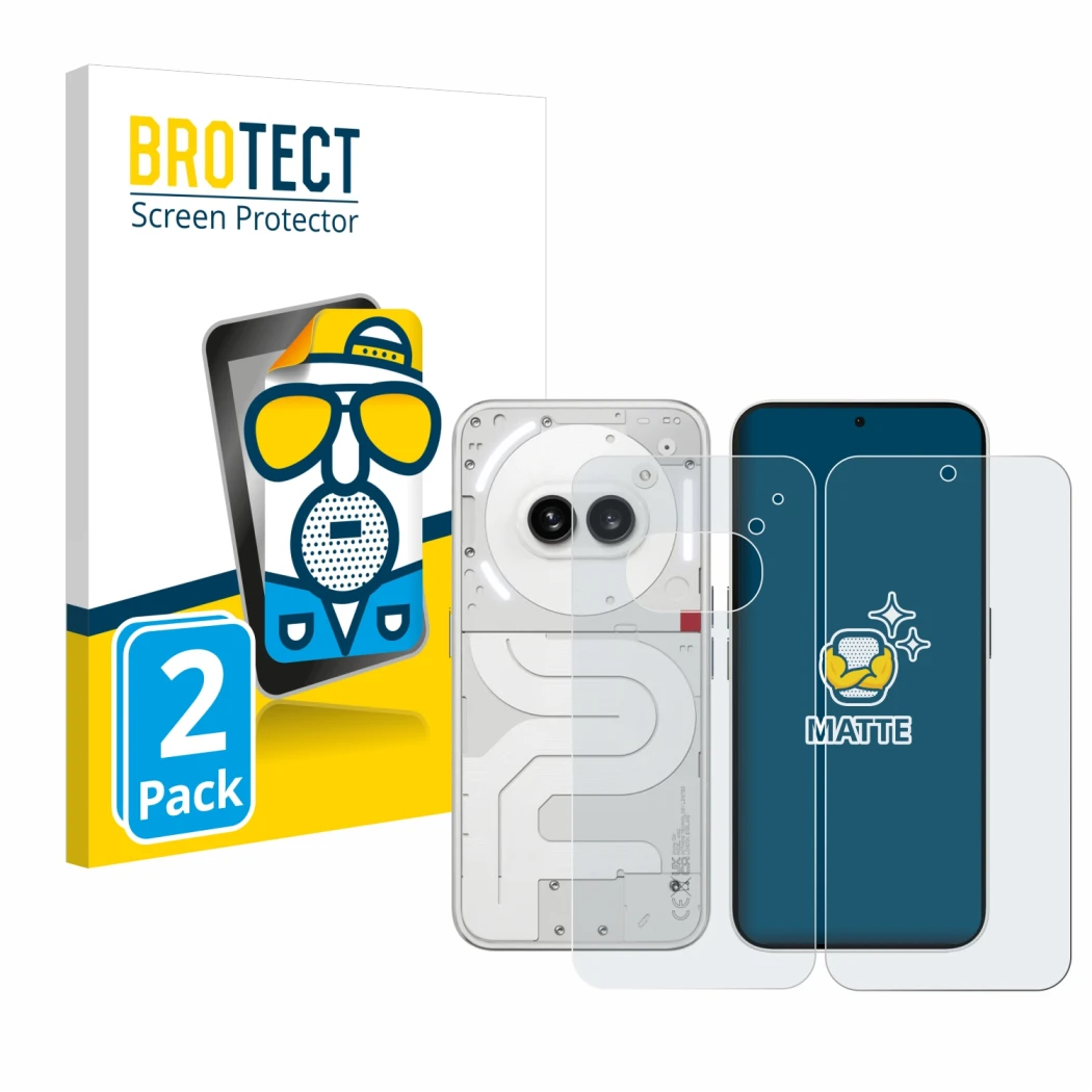 Vorderseite einer Produktverpackung mit dem Markenlogo BROTECT. Daneben ist das Gerät Nothing Phone (2a) (Display+Rückseite) m