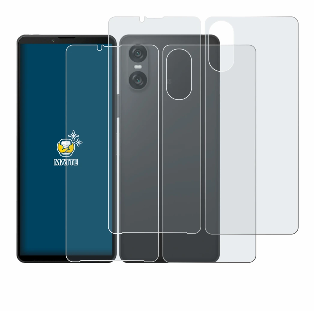 Abbildung des Geräts Sony Xperia 10 VI (Display+Rückseite) mit einer Vielzahl des Displayschutzes.