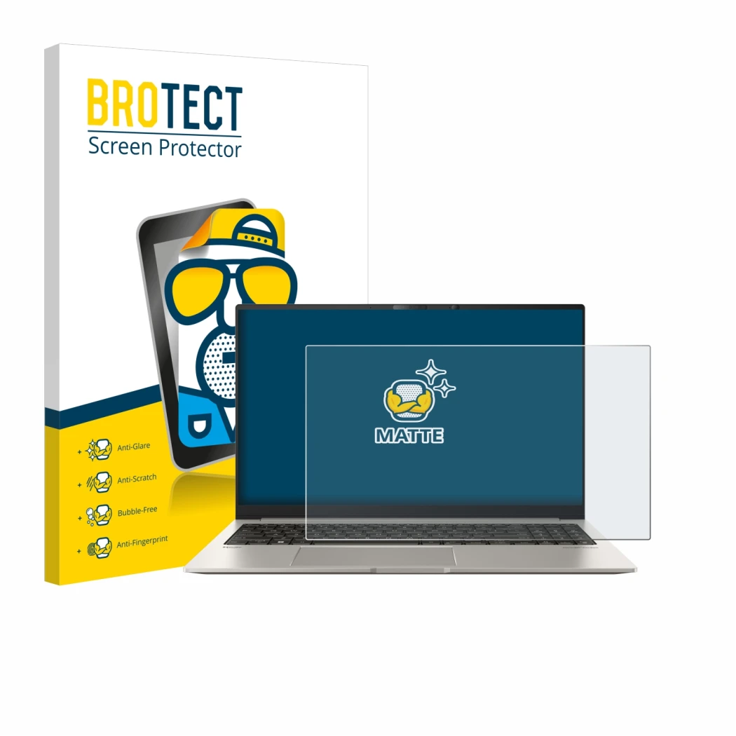 Vorderseite einer Produktverpackung mit dem Markenlogo BROTECT. Daneben ist das Gerät ASUS ZenBook 15 OLED UM3504 mit dem zuge