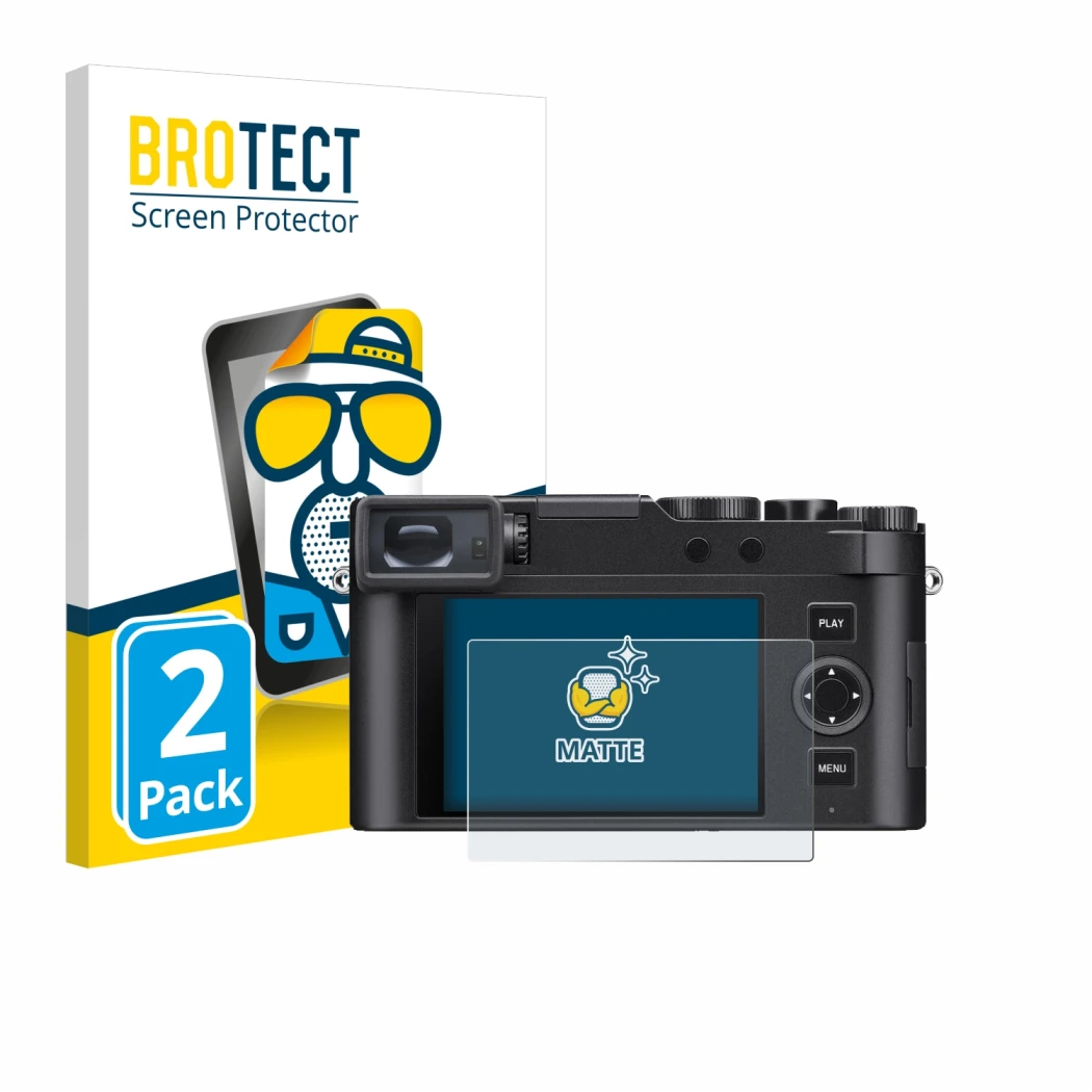 Vorderseite einer Produktverpackung mit dem Markenlogo BROTECT. Daneben ist das Gerät Leica D-Lux 8 mit dem zugehörigen Displa