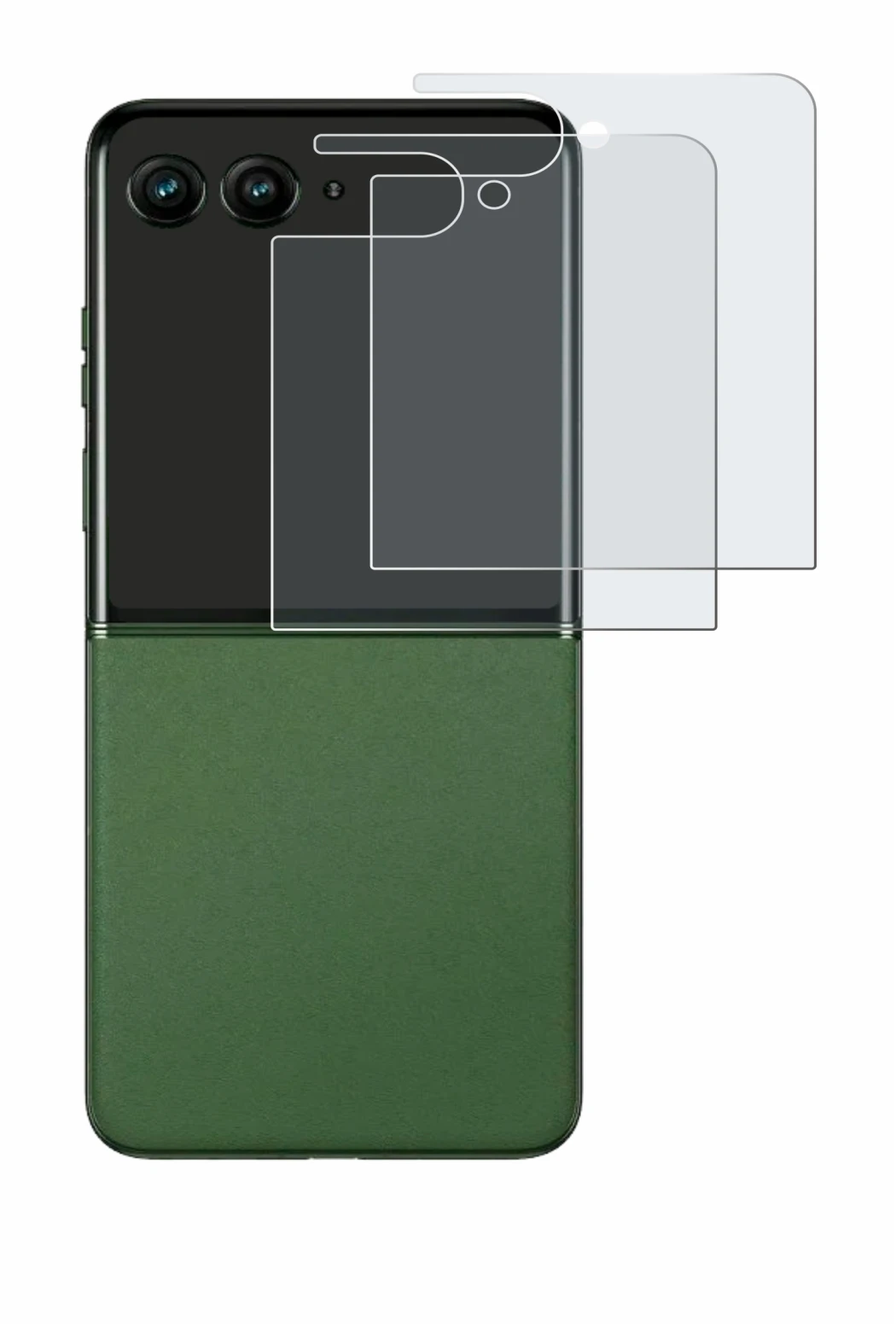 Abbildung des Geräts Motorola Razr 50 Ultra (Hinteres Display) mit einer Vielzahl des Displayschutzes.