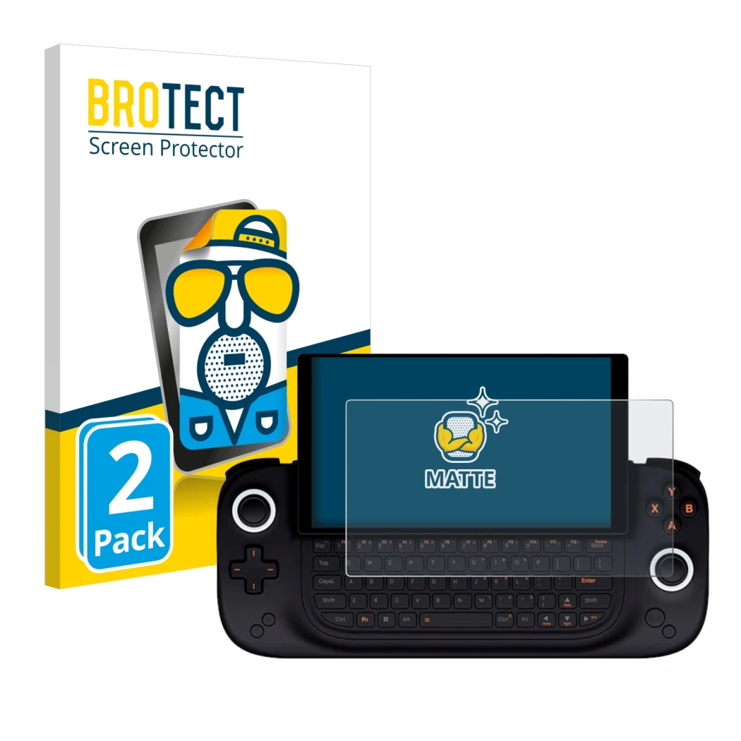 Vorderseite einer Produktverpackung mit dem Markenlogo BROTECT. Daneben ist das Gerät Ayaneo Slide mit dem zugehörigen Display