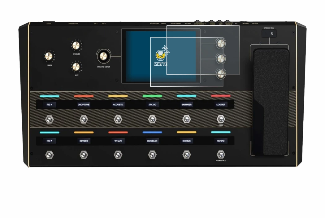 Abbildung des Geräts Headrush Prime mit einer Vielzahl des Displayschutzes.