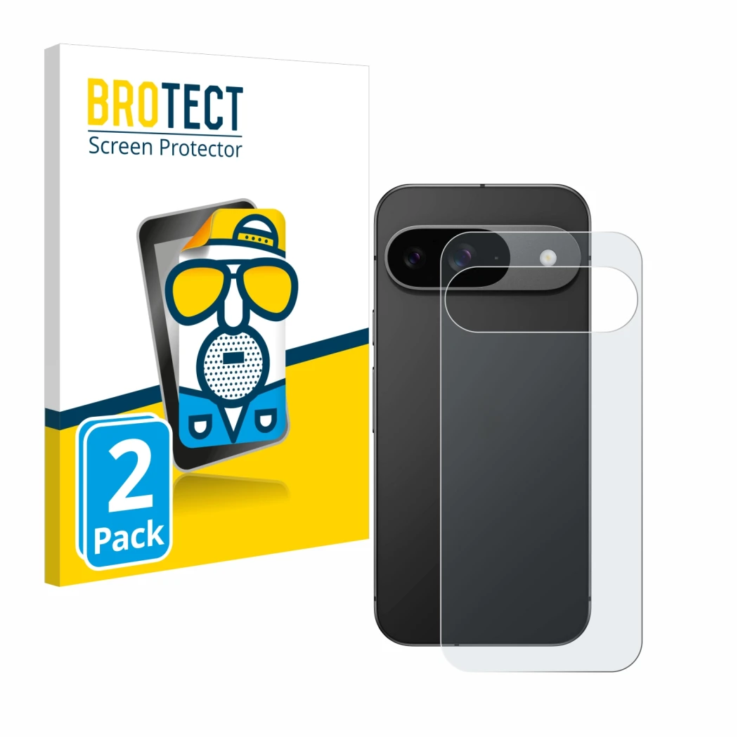 Vorderseite einer Produktverpackung mit dem Markenlogo BROTECT. Daneben ist das Gerät Google Pixel 9 (Rückseite) mit dem zugeh