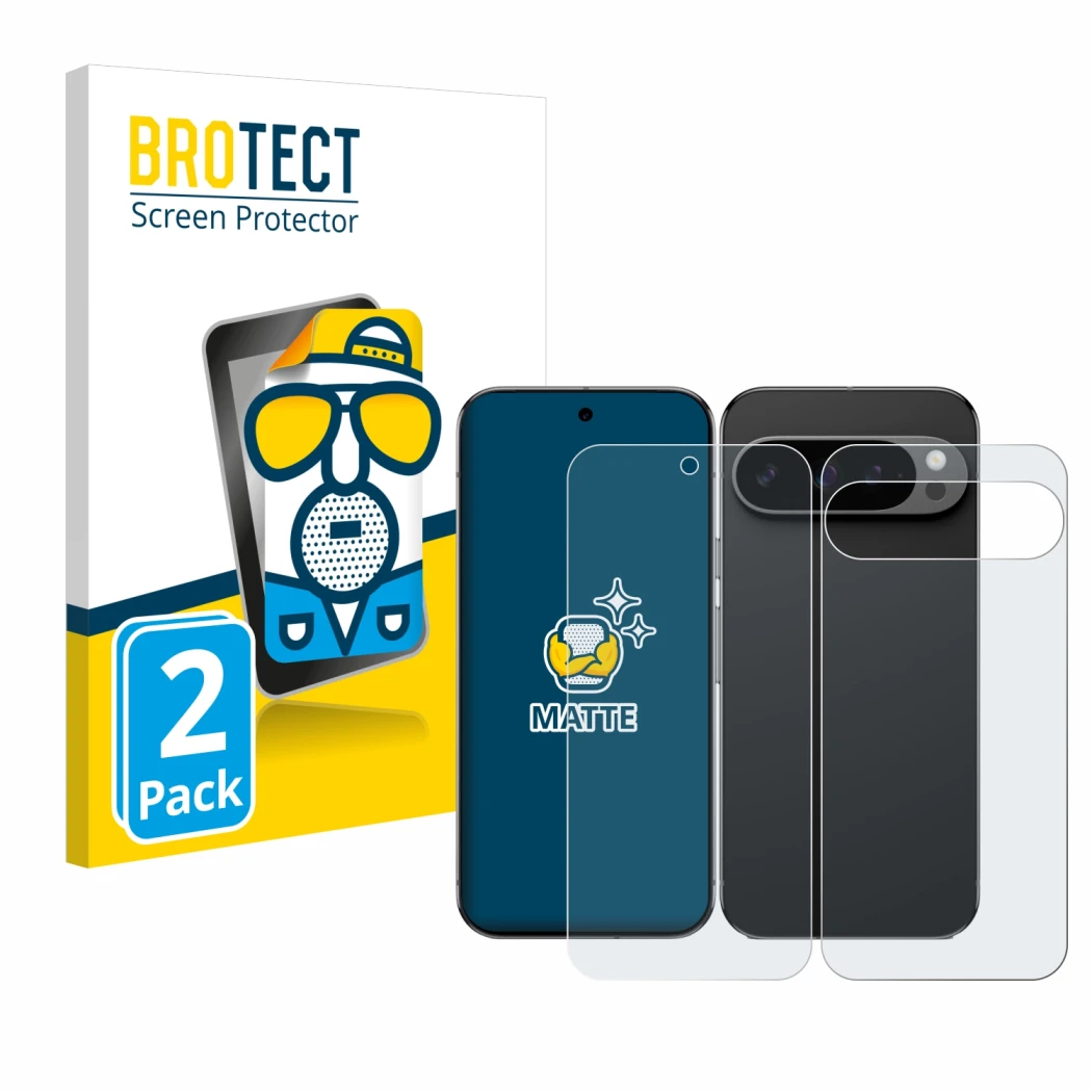 Vorderseite einer Produktverpackung mit dem Markenlogo BROTECT. Daneben ist das Gerät Google Pixel 9 Pro XL (Display+Rückseite