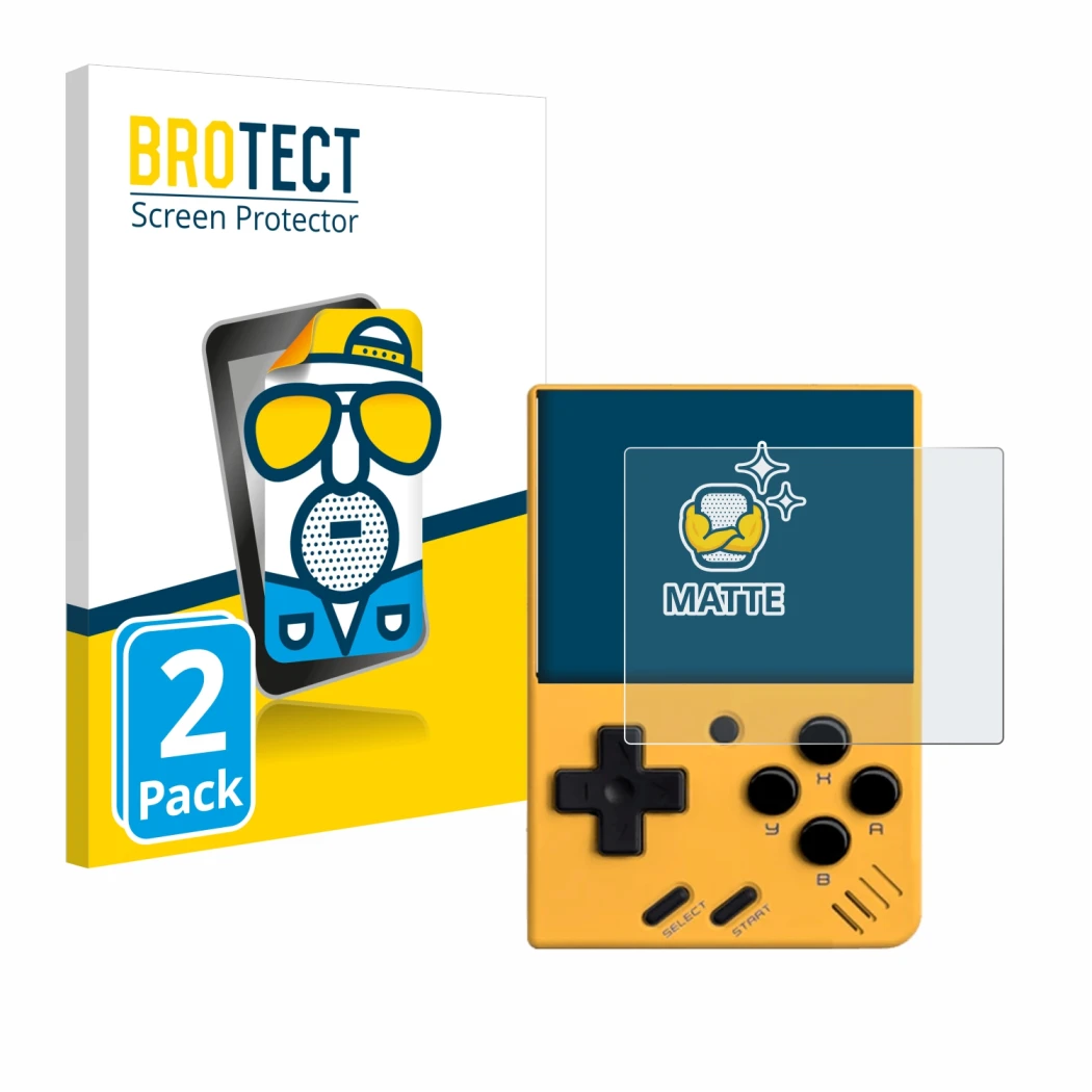 Vorderseite einer Produktverpackung mit dem Markenlogo BROTECT. Daneben ist das Gerät Miyoo Mini V4 mit dem zugehörigen Displa