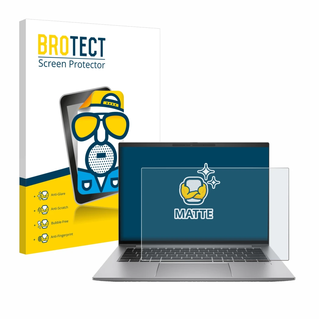 Vorderseite einer Produktverpackung mit dem Markenlogo BROTECT. Daneben ist das Gerät HP Zbook Firefly 14 G11 mit dem zugehöri