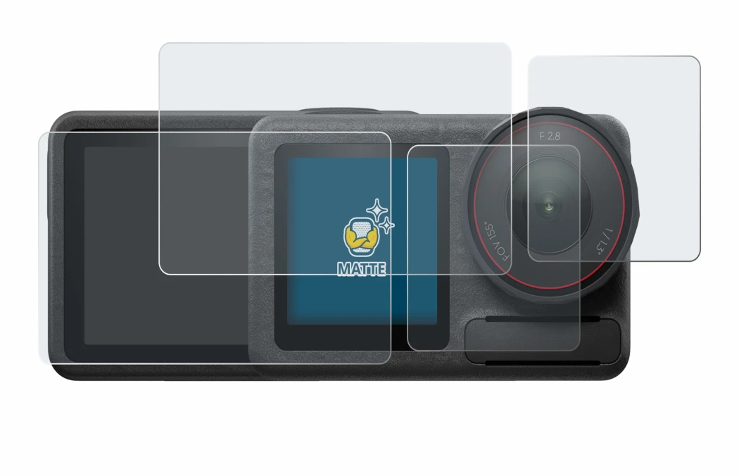 Abbildung des Geräts DJI Osmo Action 5 Pro mit einer Vielzahl des Displayschutzes.