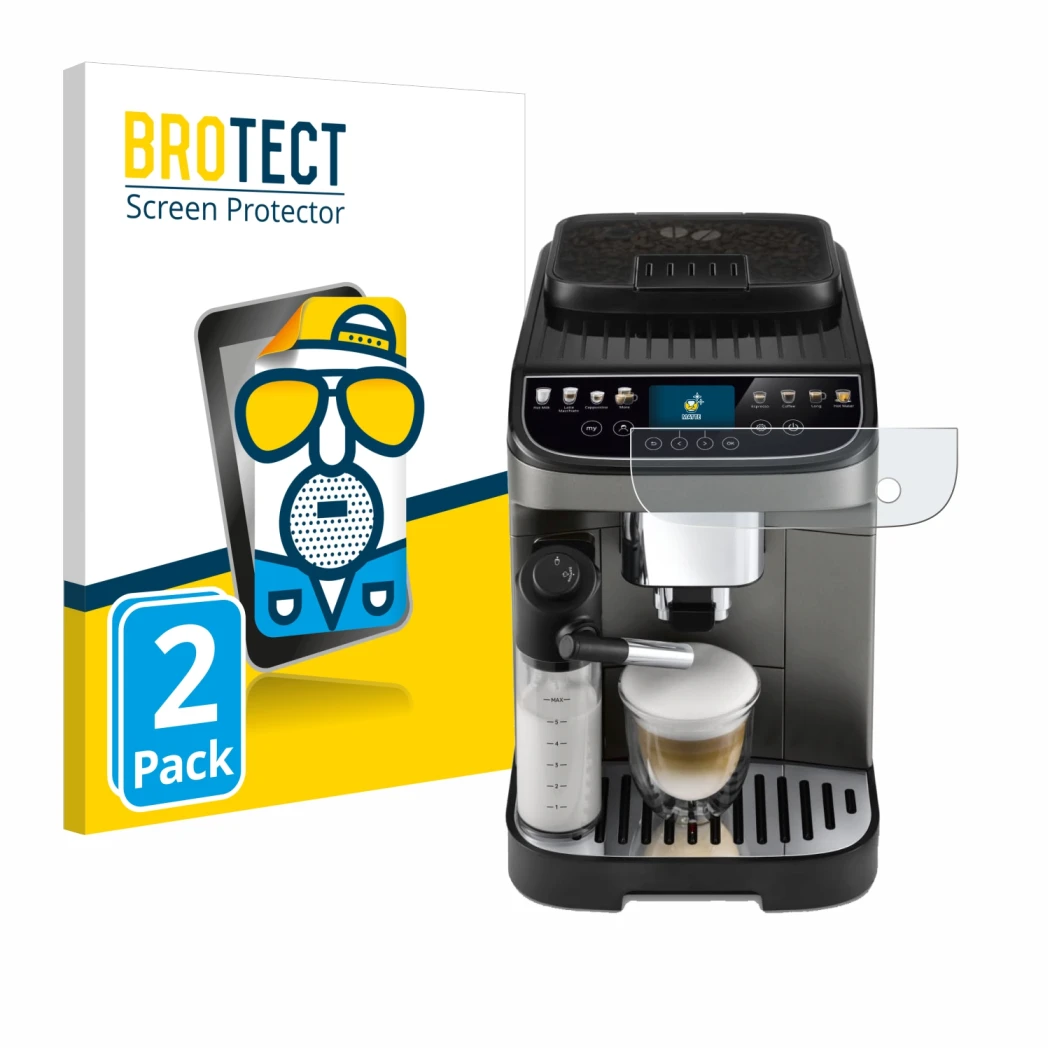 Vorderseite einer Produktverpackung mit dem Markenlogo BROTECT. Daneben ist das Gerät DeLonghi Magnifica Evo Next mit dem zuge