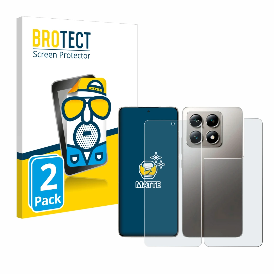 Vorderseite einer Produktverpackung mit dem Markenlogo BROTECT. Daneben ist das Gerät Xiaomi 14T (Display+Rückseite) mit dem z