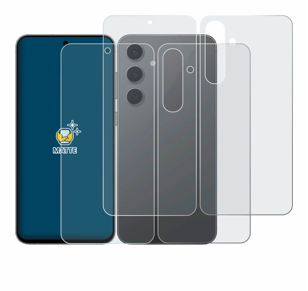 Abbildung des Geräts Samsung Galaxy S24 FE (Display+Rückseite) mit einer Vielzahl des Displayschutzes.
