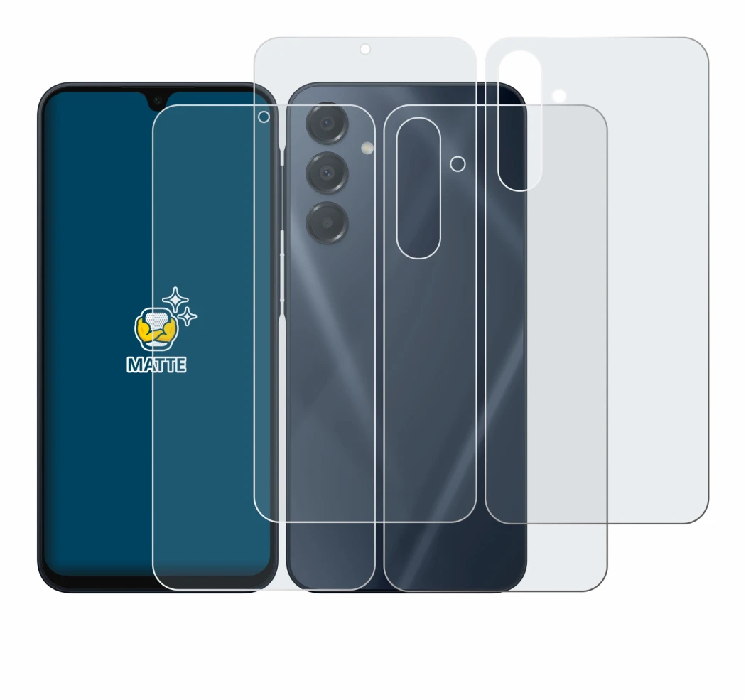Abbildung des Geräts Samsung Galaxy A16 5G (Display+Rückseite) mit einer Vielzahl des Displayschutzes.