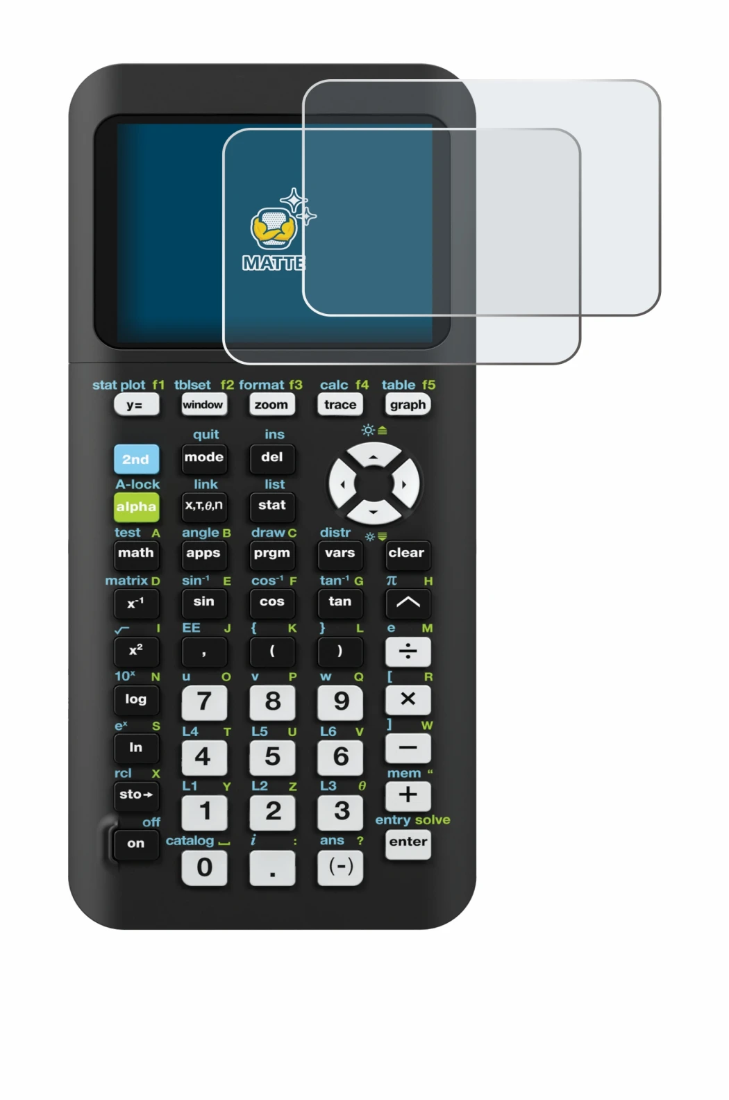 Abbildung des Geräts Texas Instruments TI-84 Plus CE-T Python mit einer Vielzahl des Displayschutzes.
