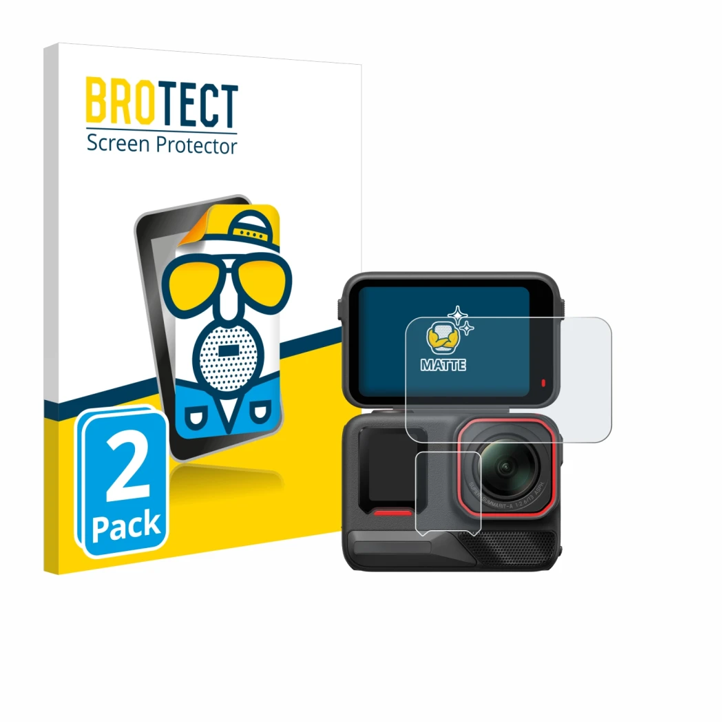 Vorderseite einer Produktverpackung mit dem Markenlogo BROTECT. Daneben ist das Gerät Insta360 Ace Pro 2 mit dem zugehörigen D