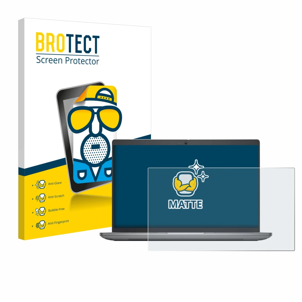 Vorderseite einer Produktverpackung mit dem Markenlogo BROTECT. Daneben ist das Gerät Dell Latitude 5450 Laptop 14