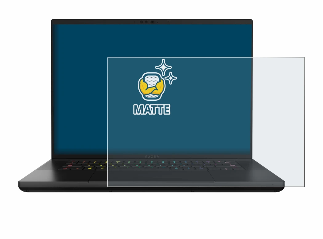 Abbildung des Geräts Razer Blade 16 2024 mit einer Vielzahl des Displayschutzes.