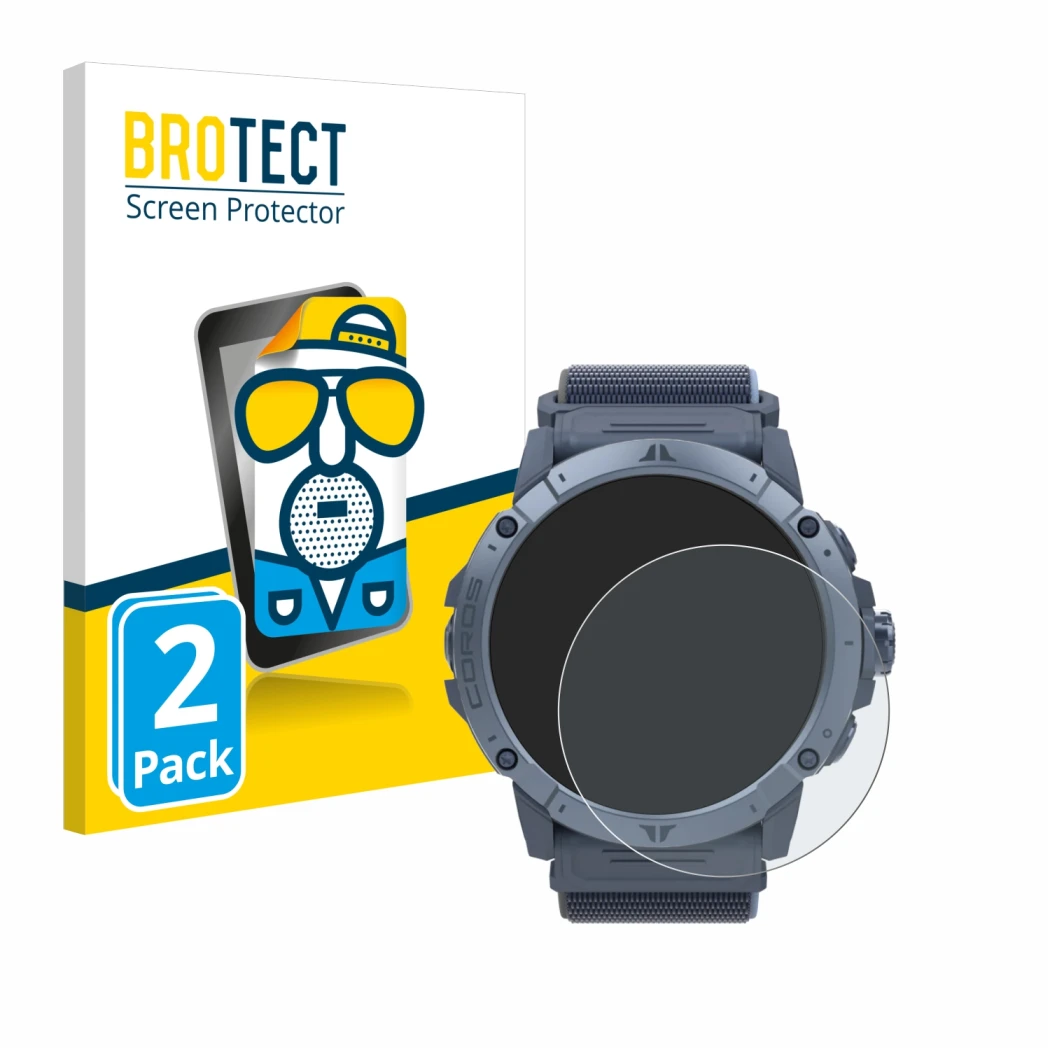 Vorderseite einer Produktverpackung mit dem Markenlogo BROTECT. Daneben ist das Gerät Coros Vertix 2S mit dem zugehörigen Disp