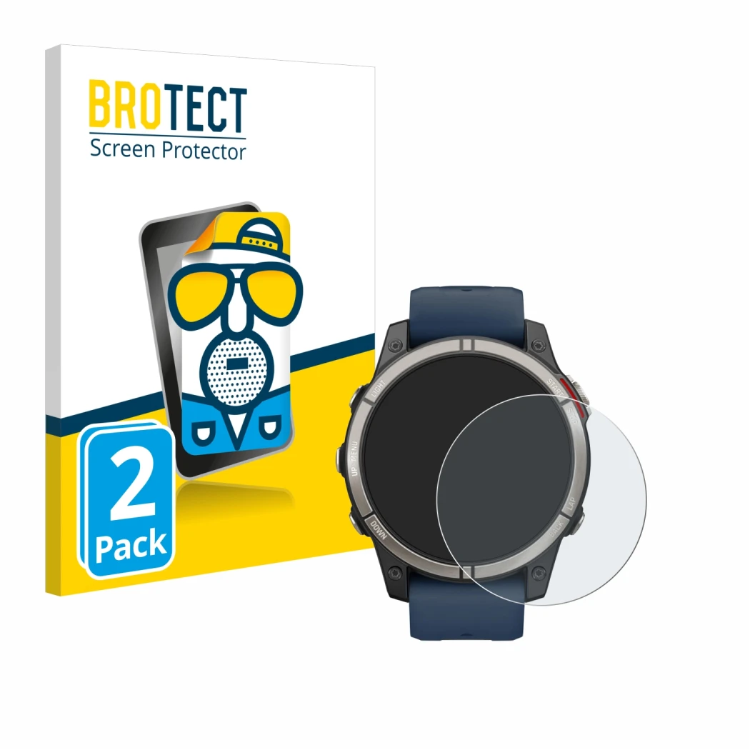 Vorderseite einer Produktverpackung mit dem Markenlogo BROTECT. Daneben ist das Gerät Garmin quatix 7 Pro mit dem zugehörigen 