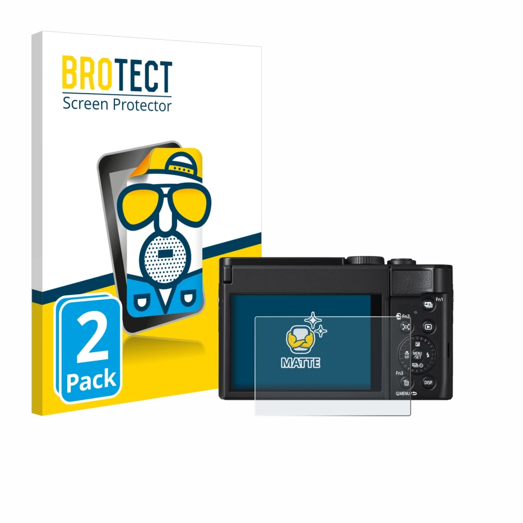 Vorderseite einer Produktverpackung mit dem Markenlogo BROTECT. Daneben ist das Gerät Panasonic Lumix DC-TZ99 mit dem zugehöri
