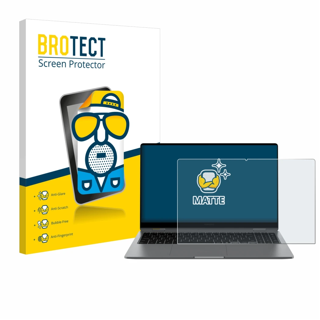 Vorderseite einer Produktverpackung mit dem Markenlogo BROTECT. Daneben ist das Gerät Samsung Galaxy Book5 360 15.6