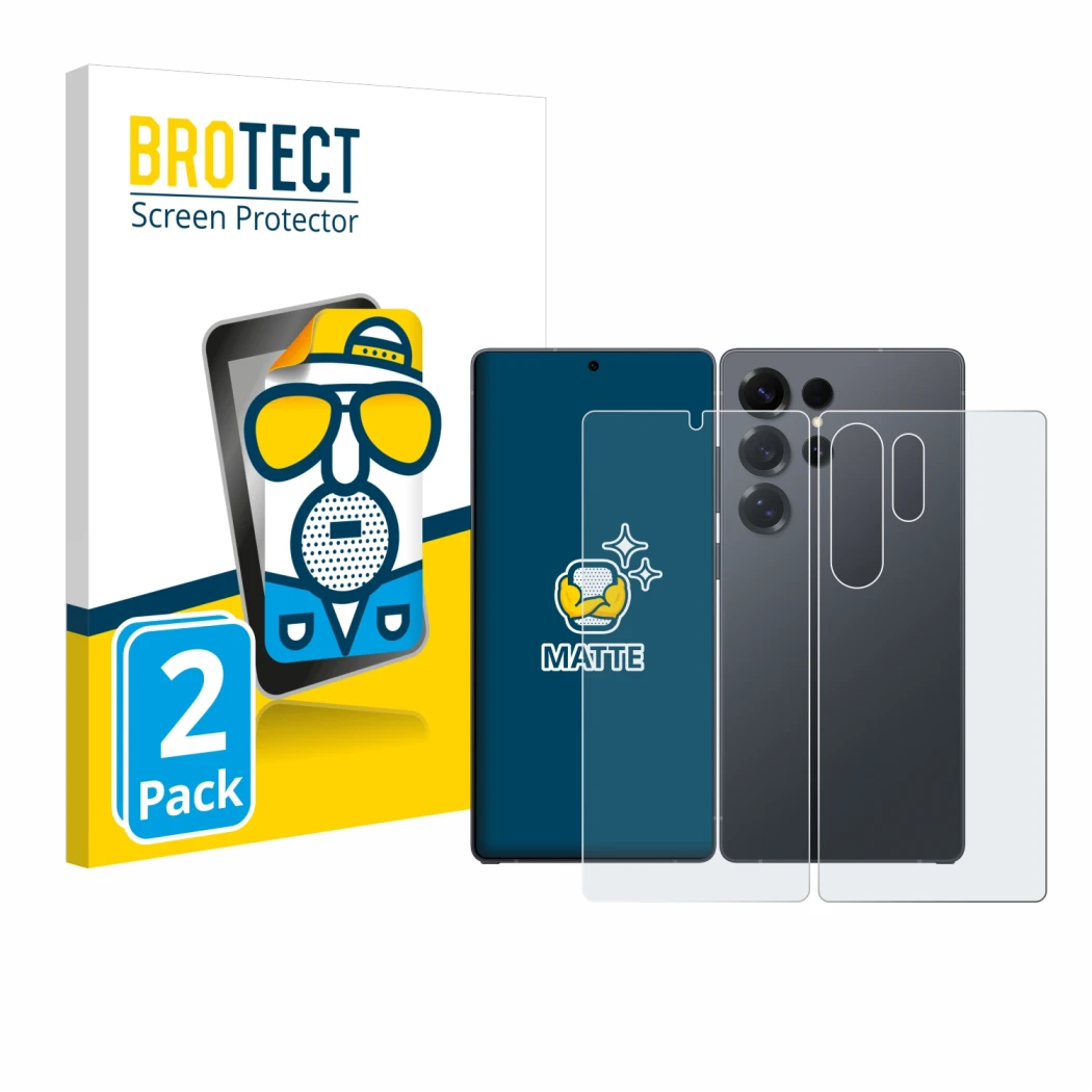 Vorderseite einer Produktverpackung mit dem Markenlogo BROTECT. Daneben ist das Gerät Samsung Galaxy S25 Ultra (Display+Rückse