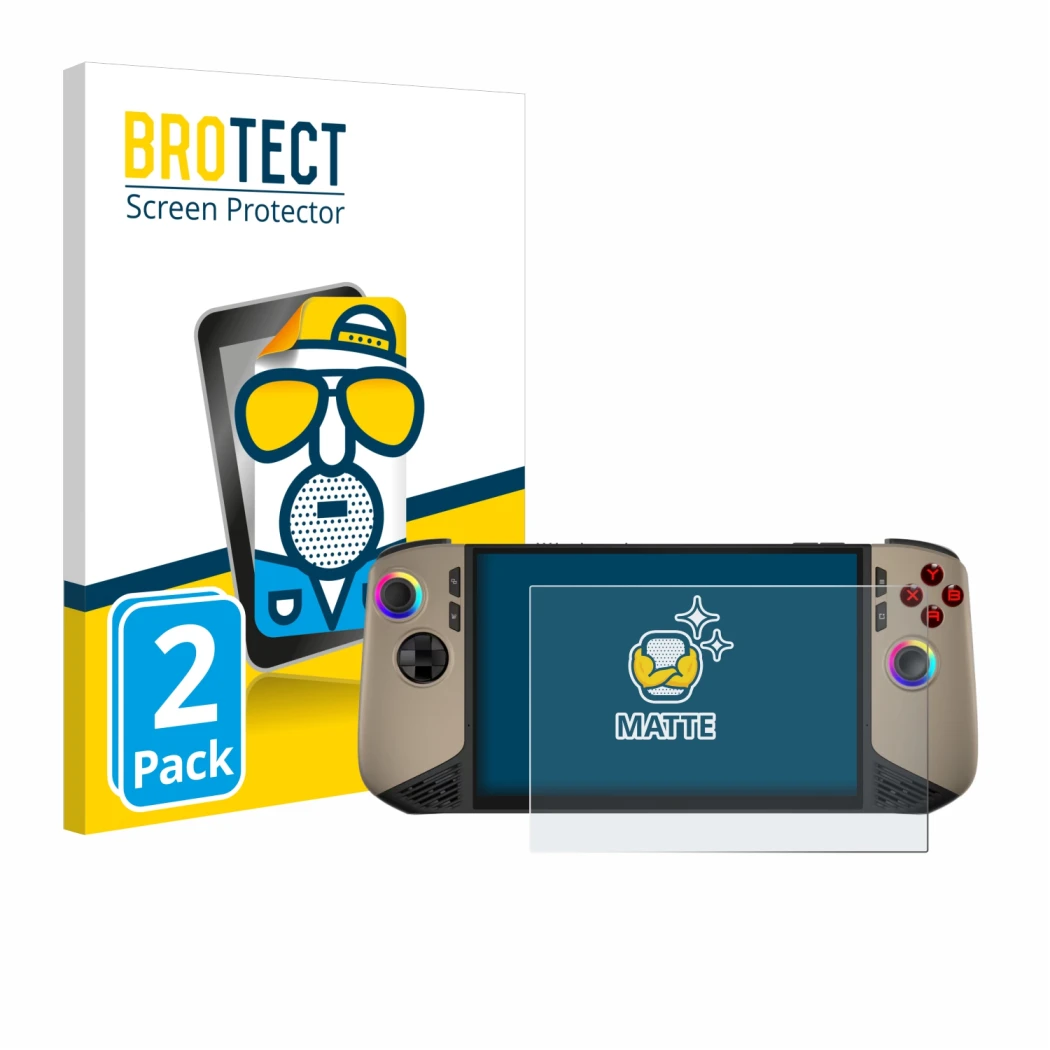 Vorderseite einer Produktverpackung mit dem Markenlogo BROTECT. Daneben ist das Gerät MSI Claw 8 AI+ mit dem zugehörigen Displ