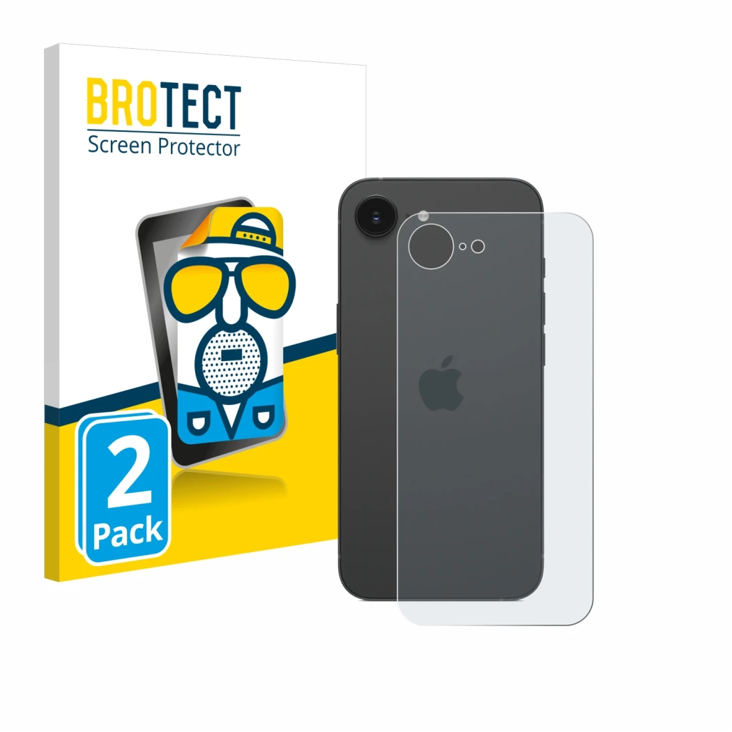 Vorderseite einer Produktverpackung mit dem Markenlogo BROTECT. Daneben ist das Gerät Apple iPhone 16e (Rückseite) mit dem zug