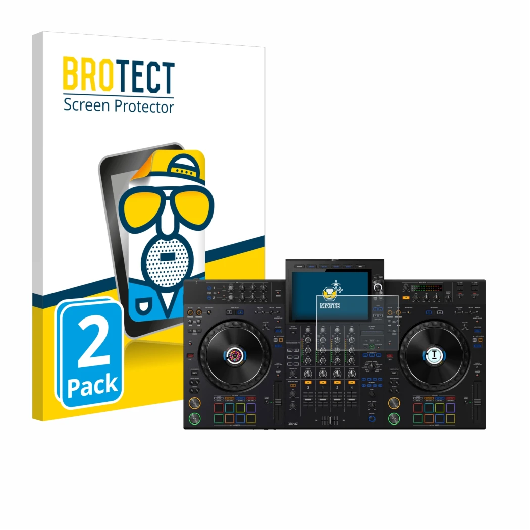 Vorderseite einer Produktverpackung mit dem Markenlogo BROTECT. Daneben ist das Gerät Pioneer XDJ-AZ mit dem zugehörigen Displ