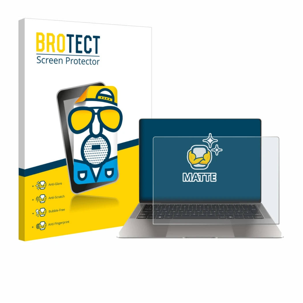 Vorderseite einer Produktverpackung mit dem Markenlogo BROTECT. Daneben ist das Gerät Honor MagicBook Art 14 mit dem zugehörig