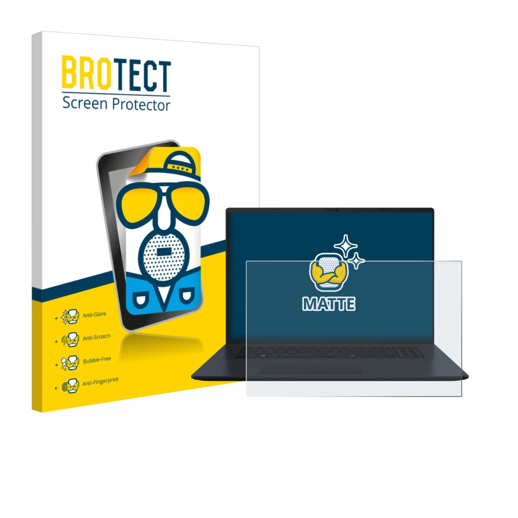 Vorderseite einer Produktverpackung mit dem Markenlogo BROTECT. Daneben ist das Gerät ASUS Vivobook 18 M1807 mit dem zugehörig