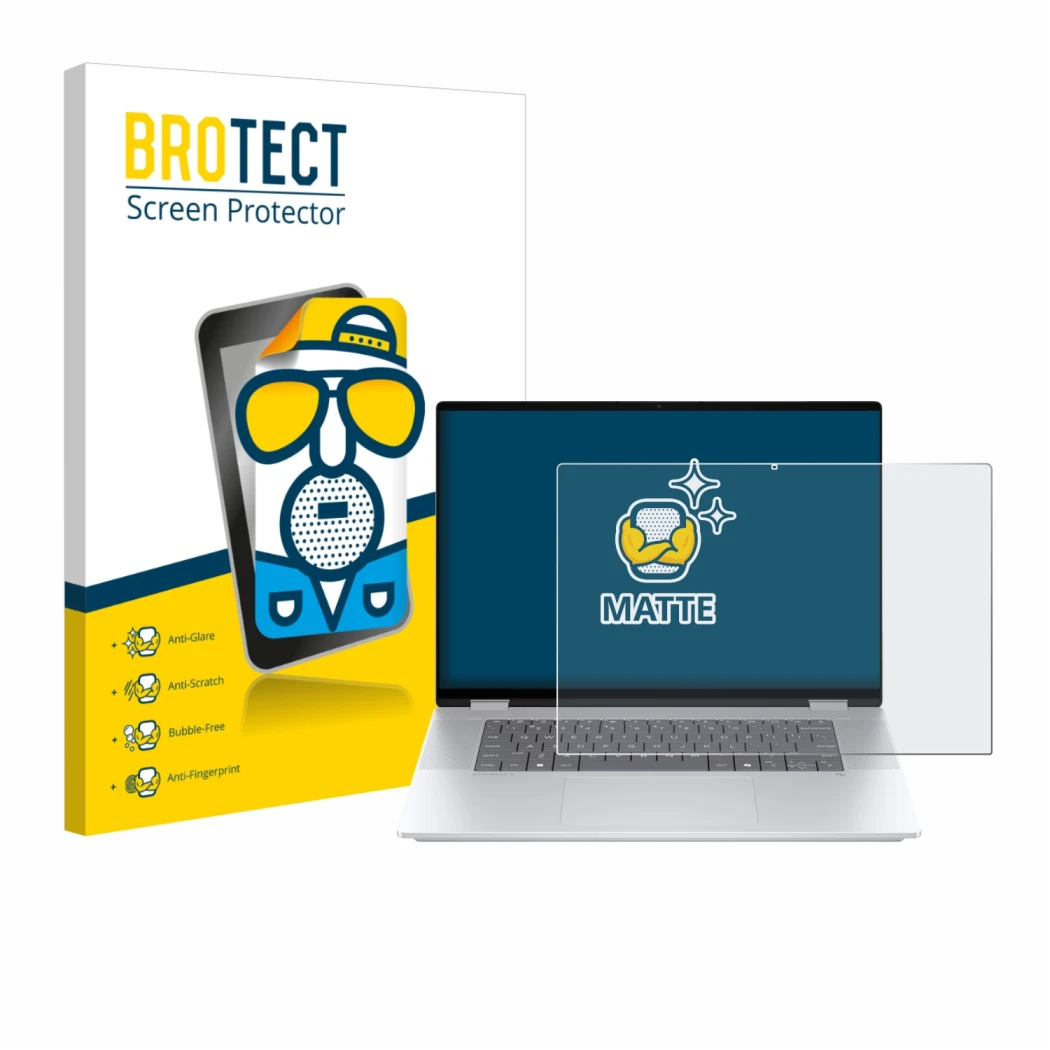 Vorderseite einer Produktverpackung mit dem Markenlogo BROTECT. Daneben ist das Gerät HP OmniBook X Flip 16-aX mit dem zugehör