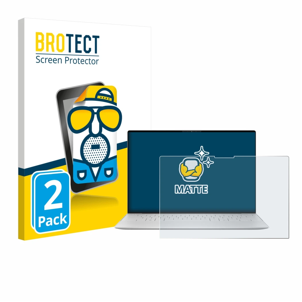 Vorderseite einer Produktverpackung mit dem Markenlogo BROTECT. Daneben ist das Gerät Dell XPS 13 9350 2024 mit dem zugehörige