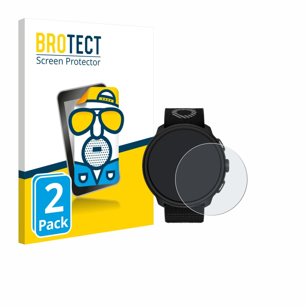 Vorderseite einer Produktverpackung mit dem Markenlogo BROTECT. Daneben ist das Gerät Suunto Run mit dem zugehörigen Displaysc