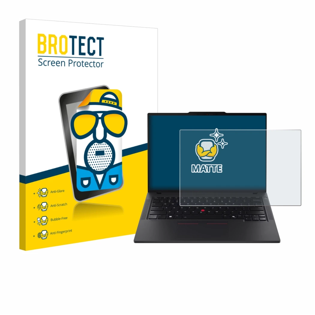 Vorderseite einer Produktverpackung mit dem Markenlogo BROTECT. Daneben ist das Gerät Lenovo ThinkPad T14 Gen 6 mit dem zugehö