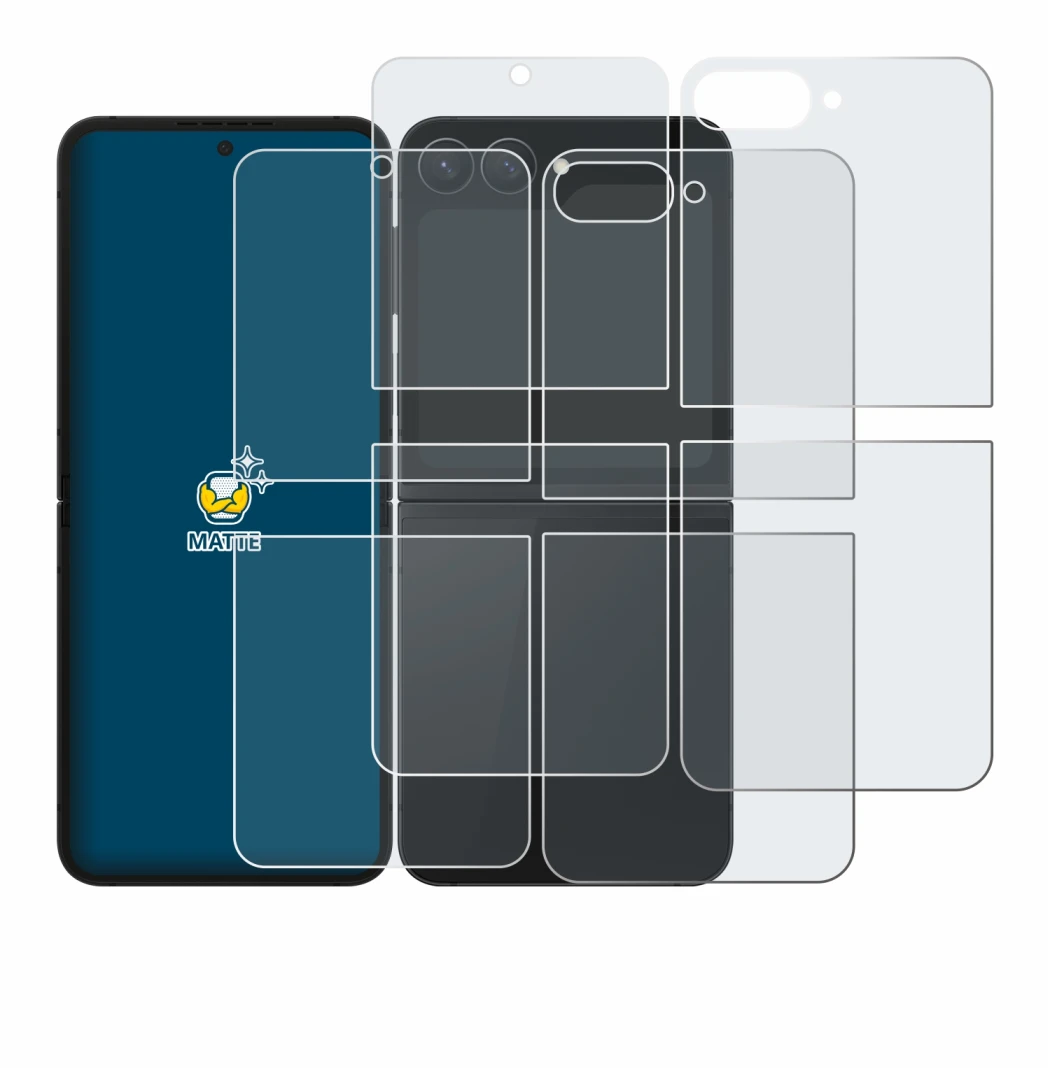 Abbildung des Geräts Samsung Galaxy Z Flip 7 FE (Display+Rückseite) mit einer Vielzahl des Displayschutzes.